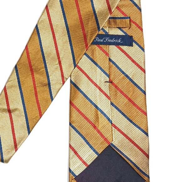 Men Paul Fredrick Italian Silk Tie Men’s 59” Gold Red Striped Designer Wide Tie New